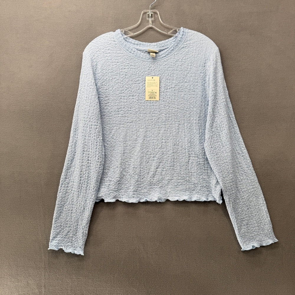 A New Day Top Womens Textured Long Sleeve Lettuce Edge Light Blue L NEW